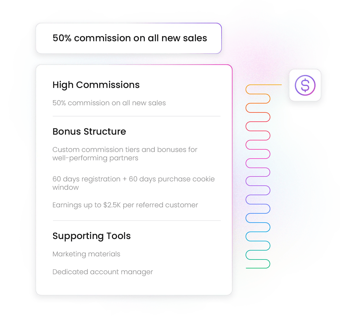 Affiliate card showing 50% commission on all new sales, bonus structure and tools, rainbow accent and dollar icon