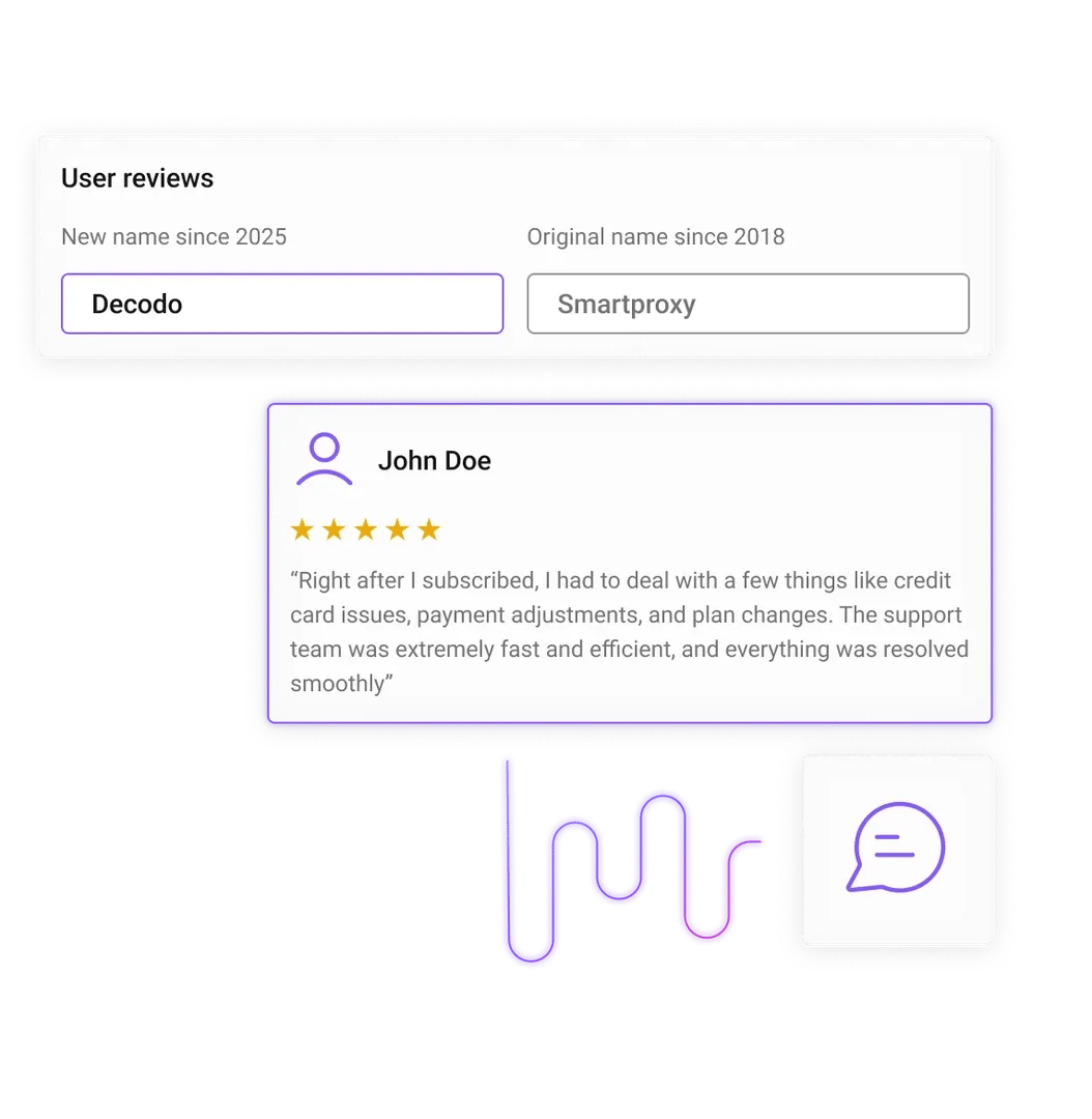 User reviews panel showing Decodo (New name since 2025) and Smartproxy (Original name since 2018), with John Doe five‑star review and testimonial