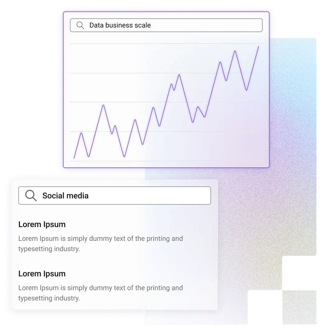 Line chart labeled 'Data business scale' trending upward in a UI, with search box 'Social media' and 'Lorem Ipsum' text