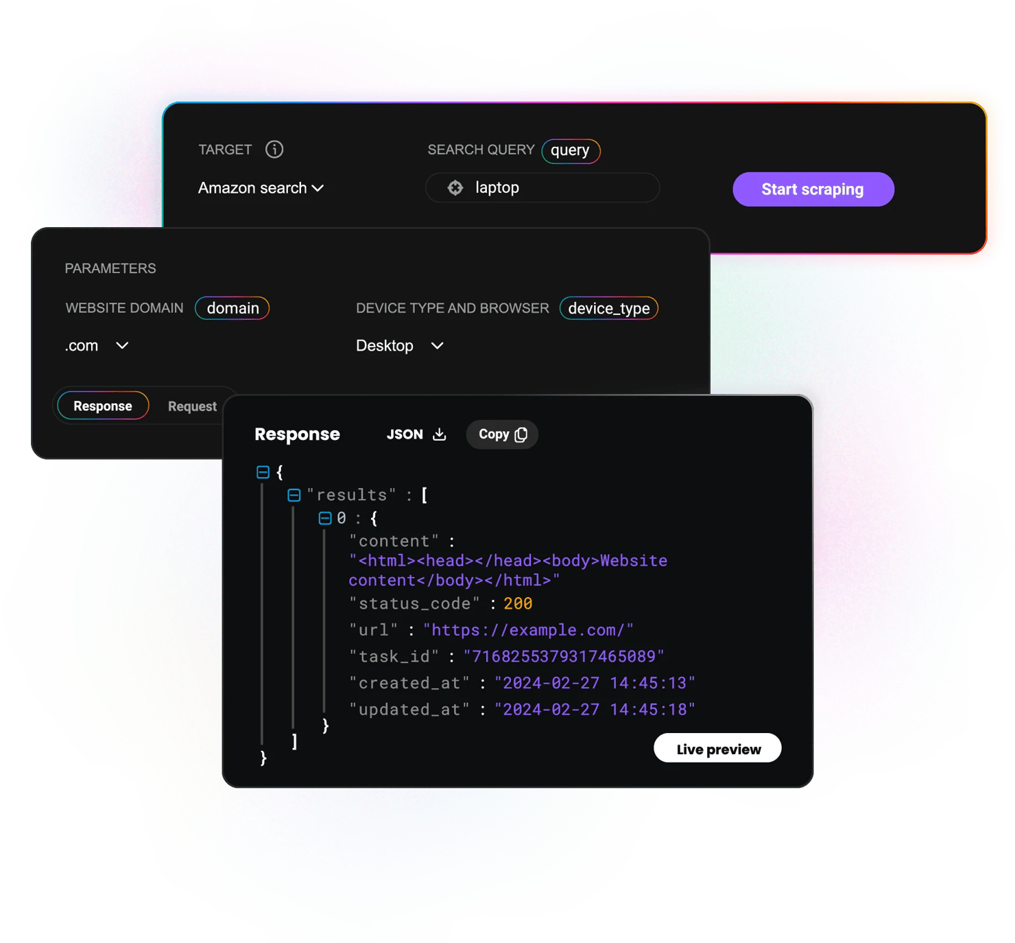 Scraping dashboard showing search query 'query: laptop' and parameters in dark UI, plus JSON Response with "status_code": 200, "url": "https://example.com/"