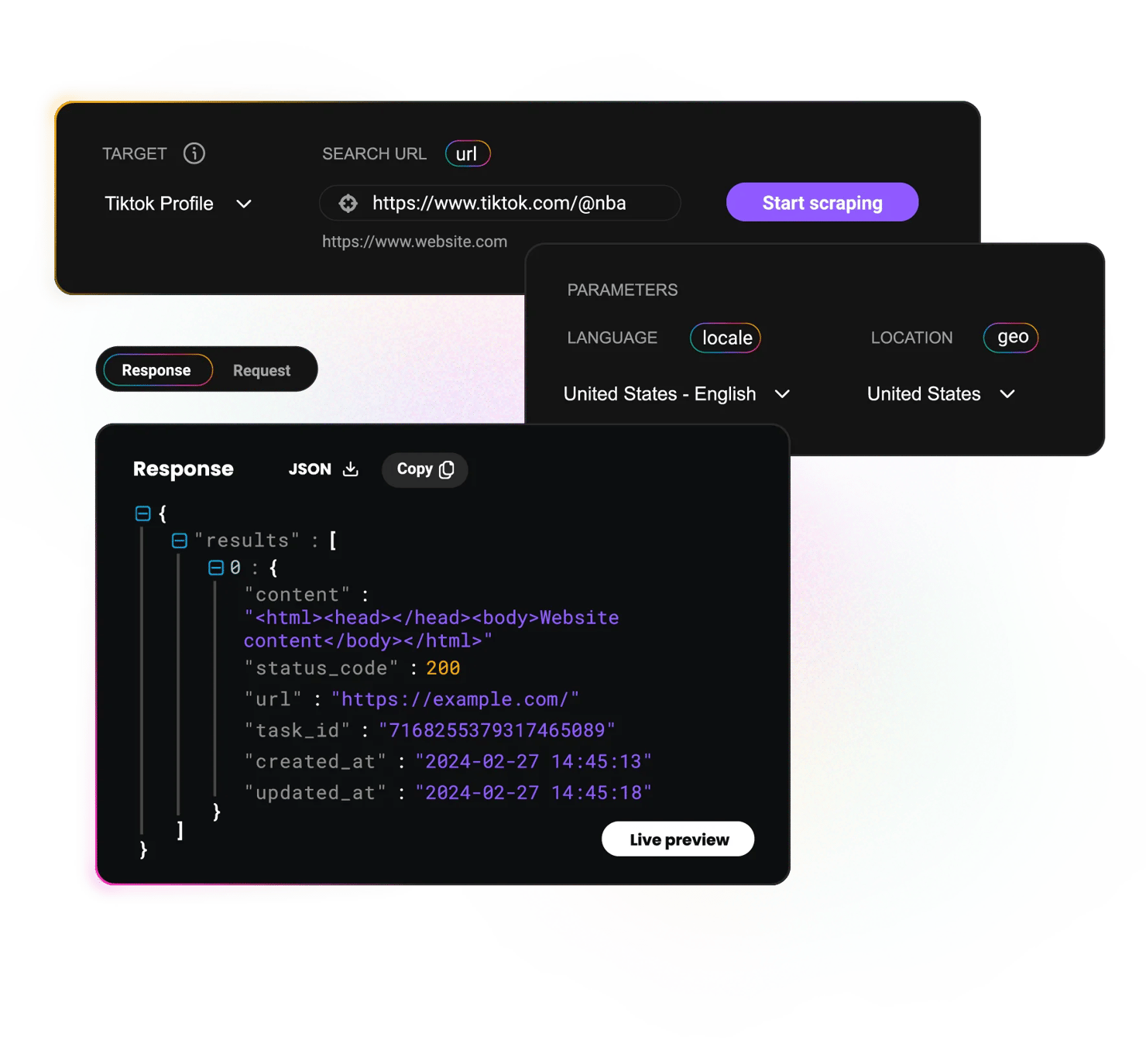 Search URL 'https://www.tiktok.com/@nba' with Start scraping button, JSON response shows 'status_code': 200