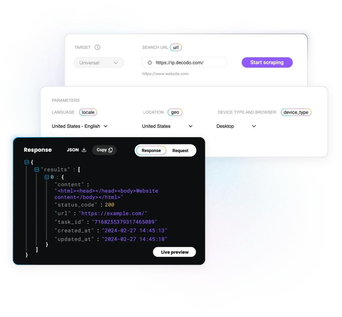 Web scraping interface showing target/search form and JSON Response with "status_code": 200 and "url": "https://example.com/"