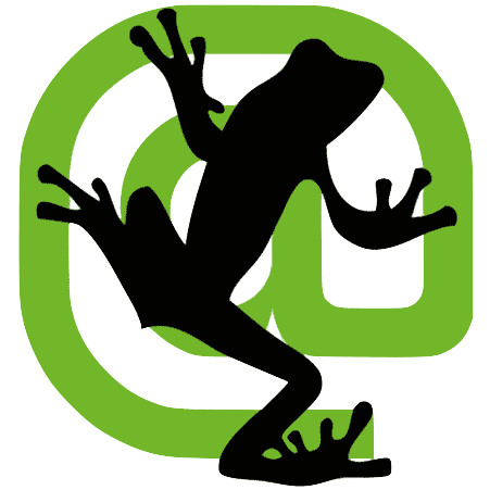 Screaming Frog logo: black frog silhouette clinging to green @-symbol swirl on white background
