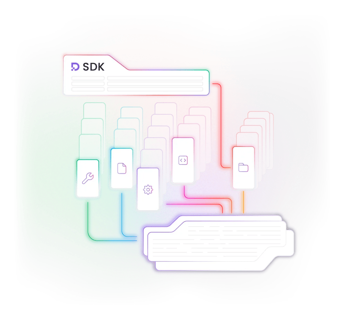 SDK panel connecting multicolored lines to app icons, document and folder cards on a soft gradient background