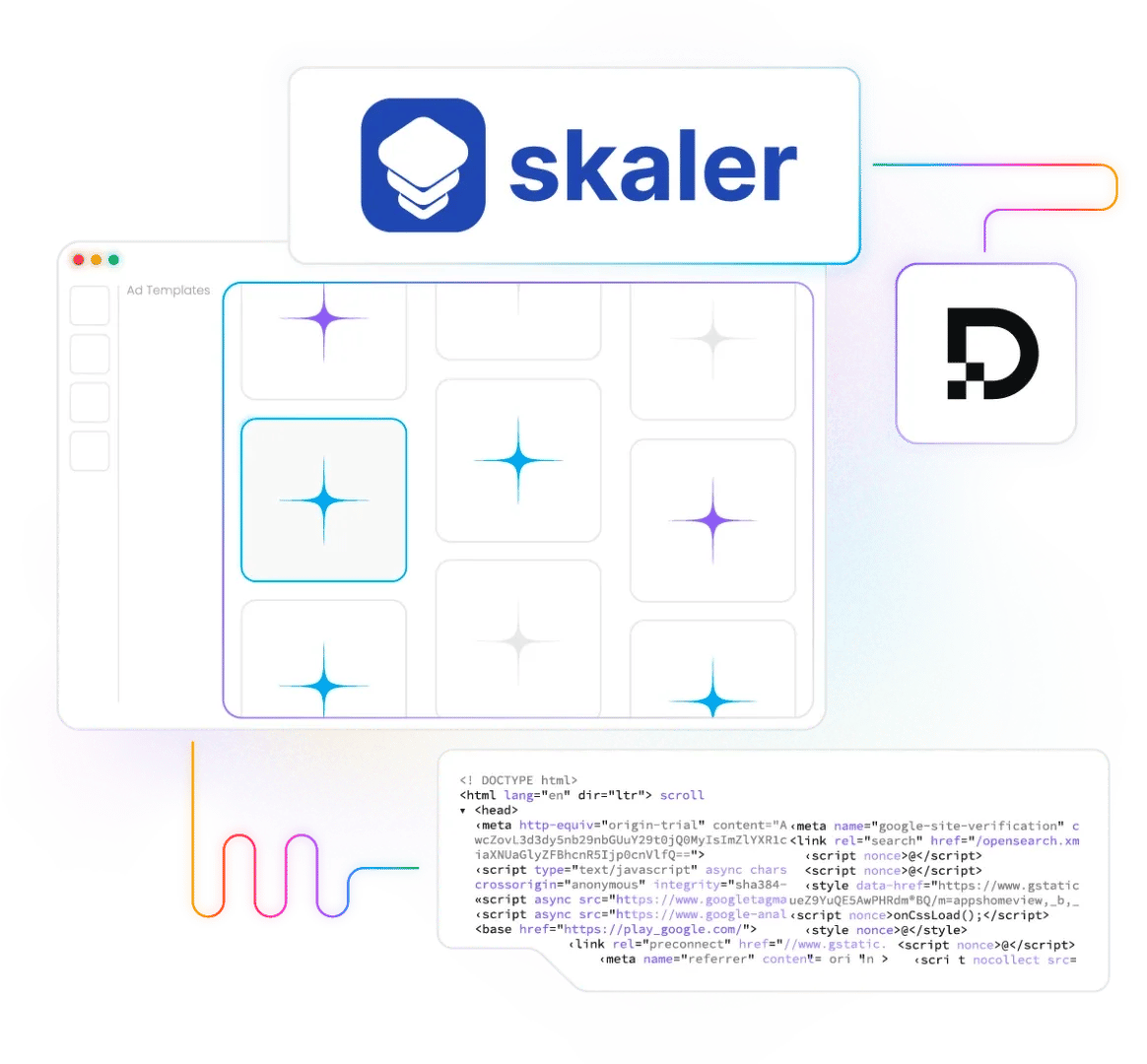 skaler logo connecting to an app grid of spark icons, HTML code snippet, and Decodo D logo