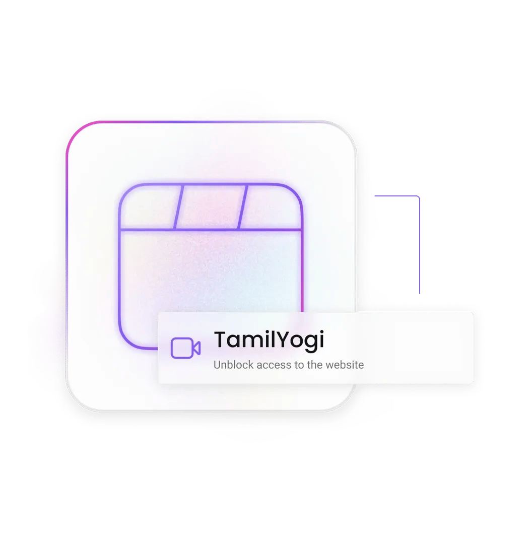 Tamilyogi label showing Unblock access to the website over a stylized browser/video icon on a white background