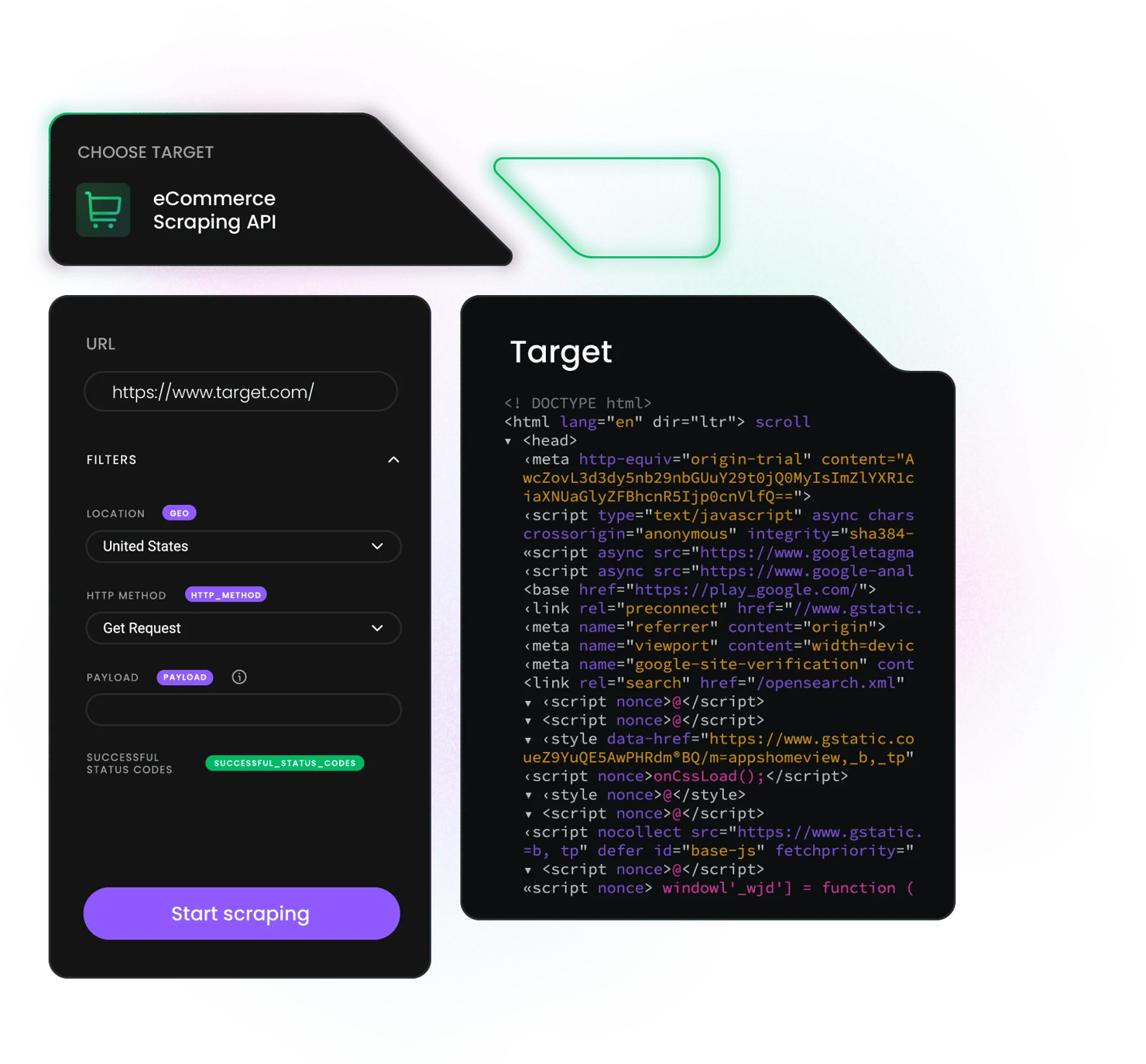 eCommerce Scraping API panel showing URL 'https://www.target.com/' with 'Target' HTML code snippet and filters in dark UI
