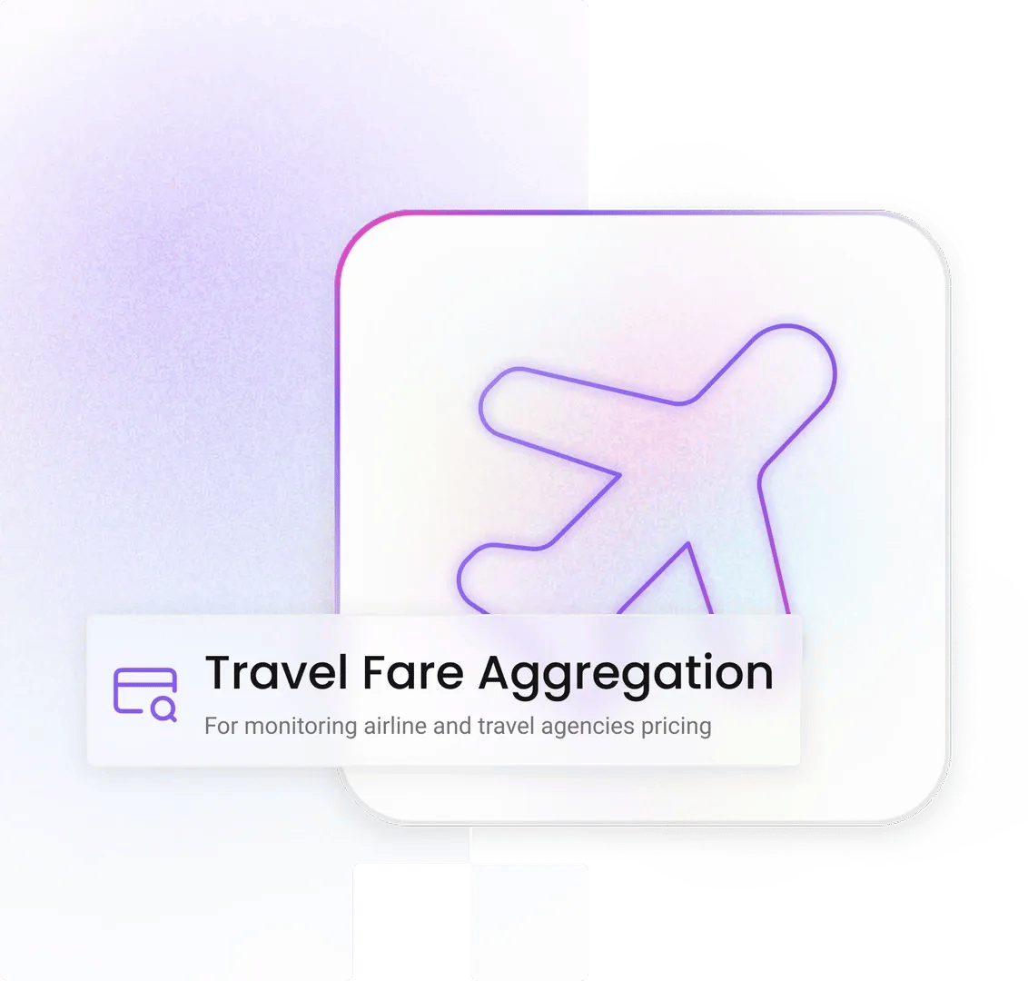 Travel Fare Aggregation — For monitoring airline and travel agencies pricing; neon airplane outline on rounded white tile
