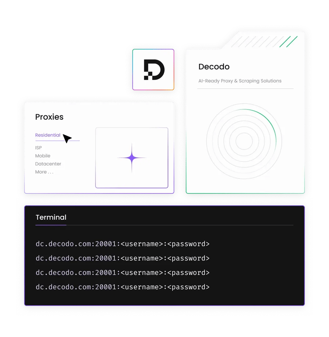 Decodo logo. To the right, a window reads “AI-Ready Proxy & Scraping Solutions.” Below it is a list of available proxies, with a terminal window underneath.