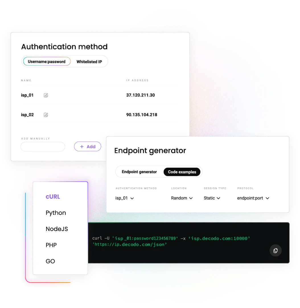 Authentication method panel listing isp_01 37.120.211.30 and isp_02 90.135.104.218, Endpoint generator UI and cURL example: curl -U 'resi_01:password123456789' -x 'gate.decodo.com:1000' 'https://ip.decodo.com.json'