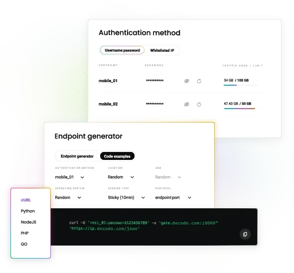 Authentication method showing Username:password tab, mobile_01 and mobile_02 traffic bars, endpoint generator with curl
