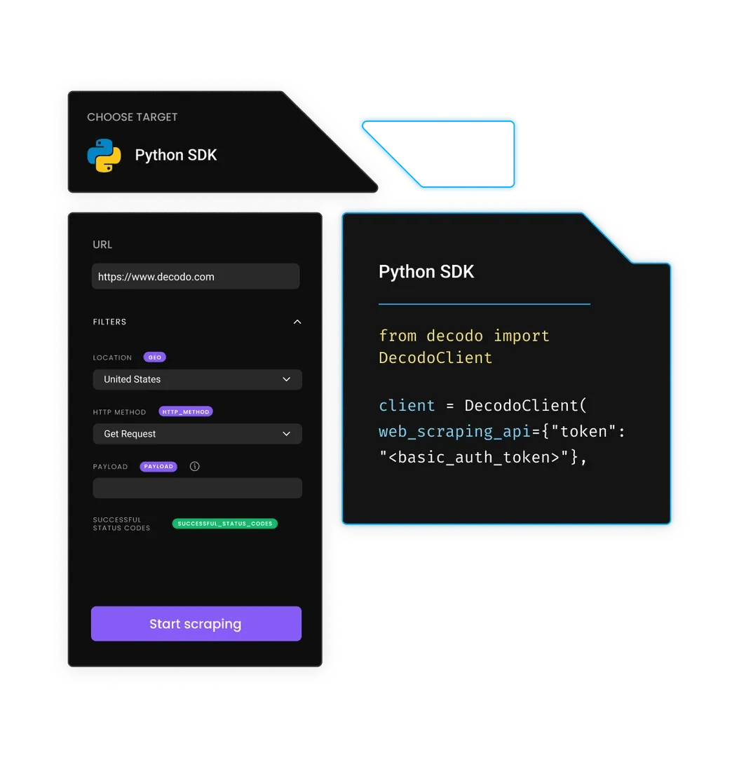Terminal window with the following commands:  from decodo import DecodoClient,  client = DecodoClient( web_scraping_api={"token": "<basic_auth_token>"}
