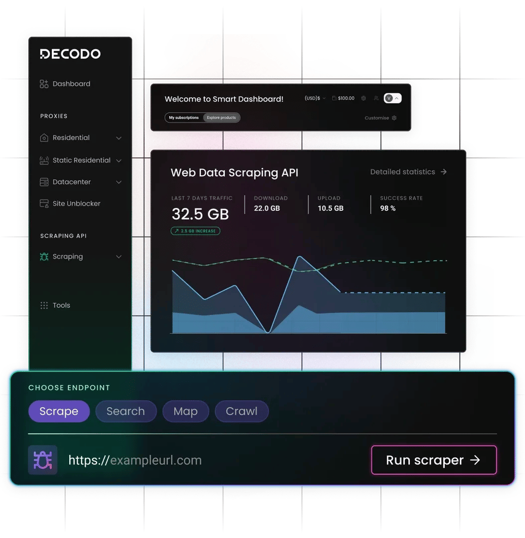 Dark user interface of a web data scraping application with dashboard and scraper controls.