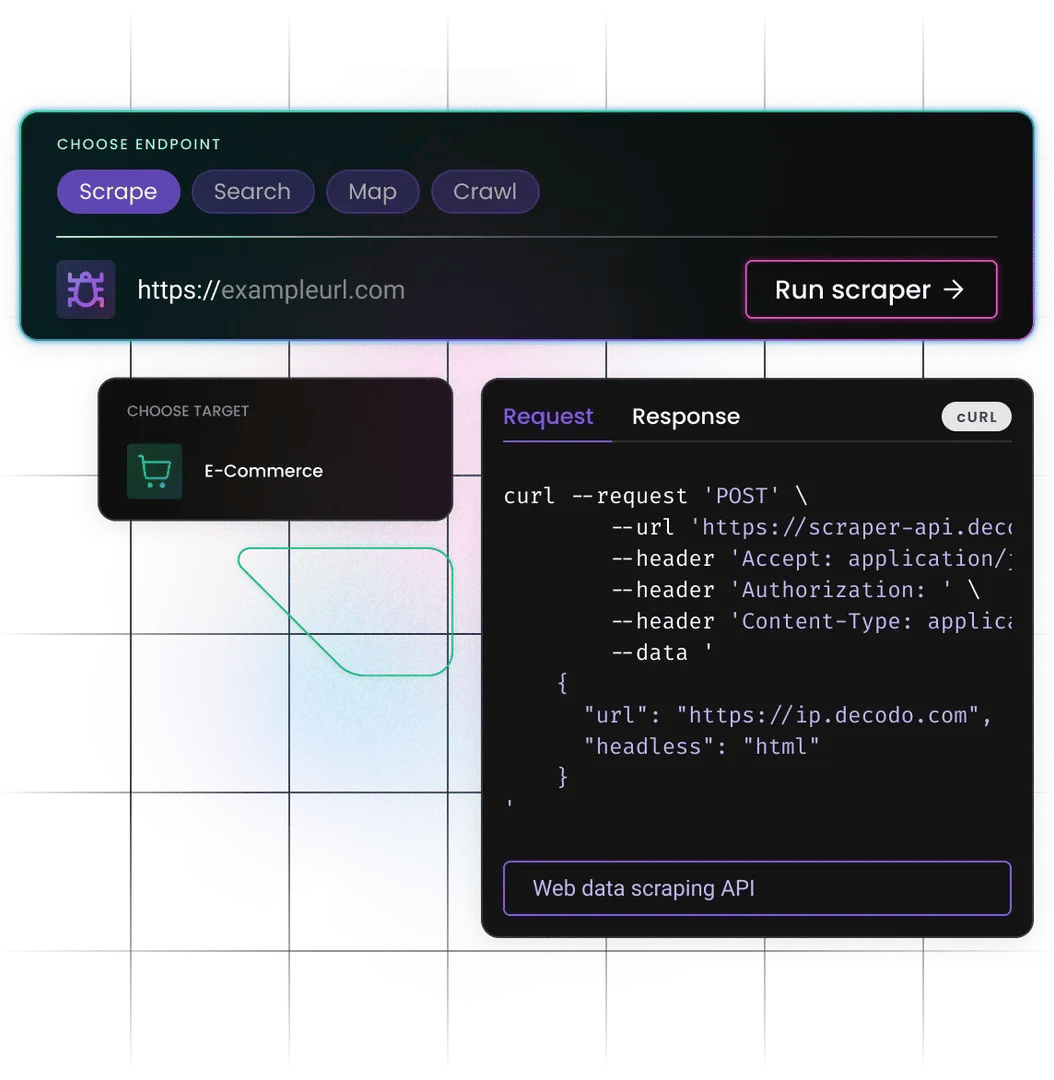 API interface showing a SerpApi URL input and a curl request for data extraction.