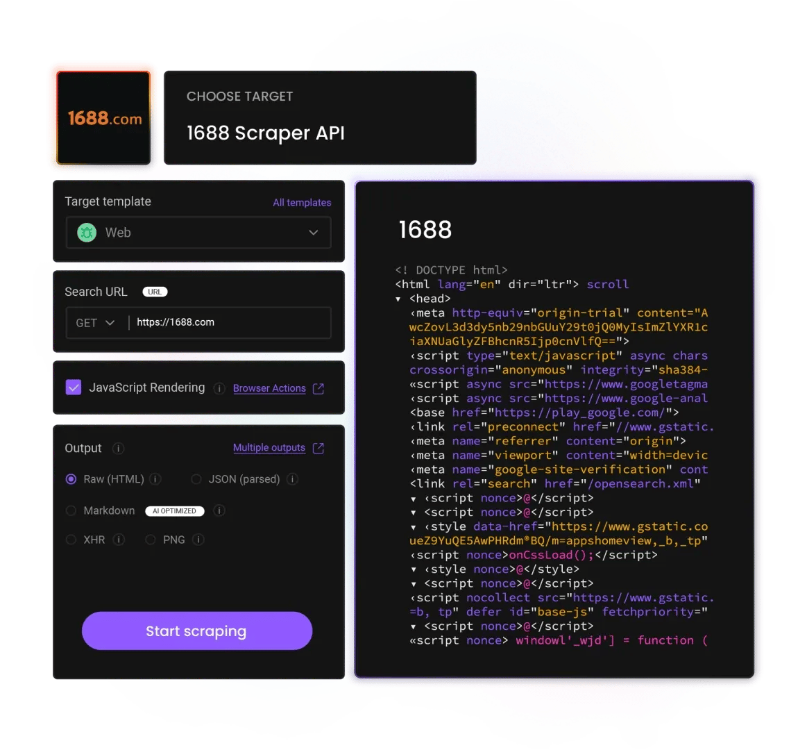 Wikipedia code panel displaying HTML source, within a web-scraping UI showing a URL field and 'Start scraping' button