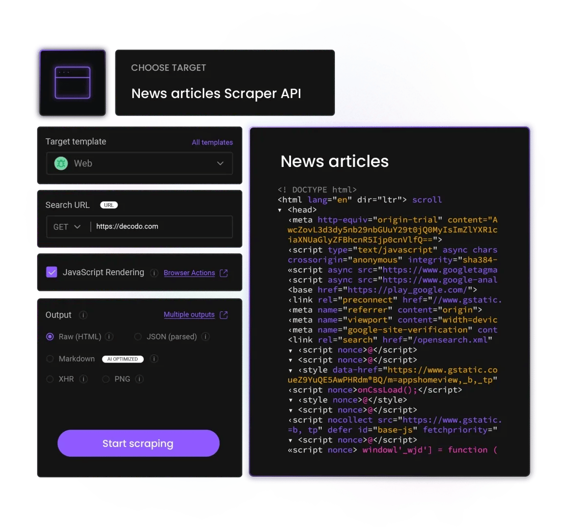 Wikipedia code panel displaying HTML source, within a web-scraping UI showing a URL field and 'Start scraping' button
