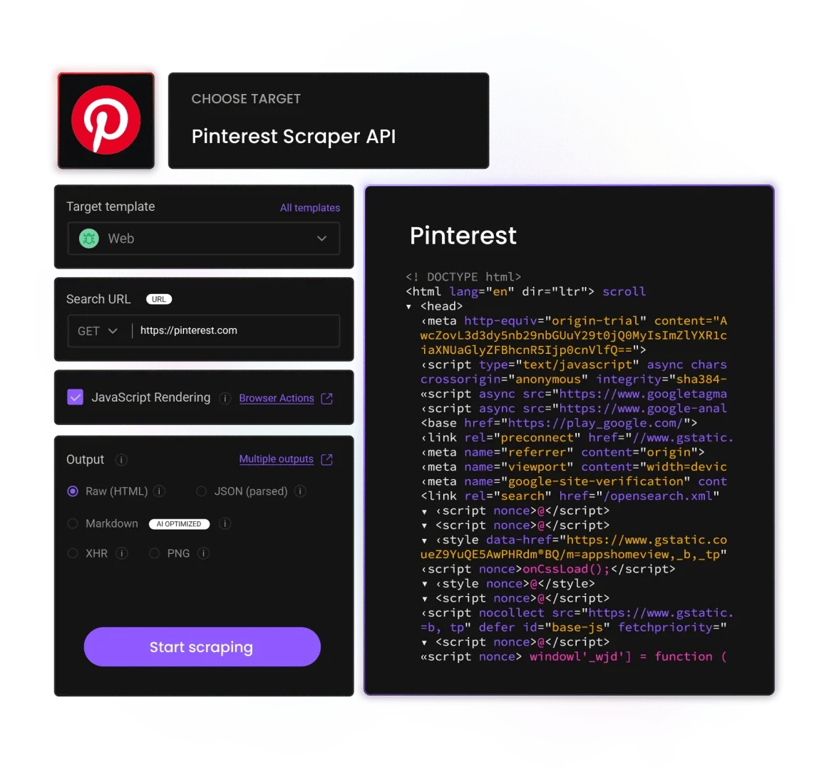 Wikipedia code panel displaying HTML source, within a web-scraping UI showing a URL field and 'Start scraping' button