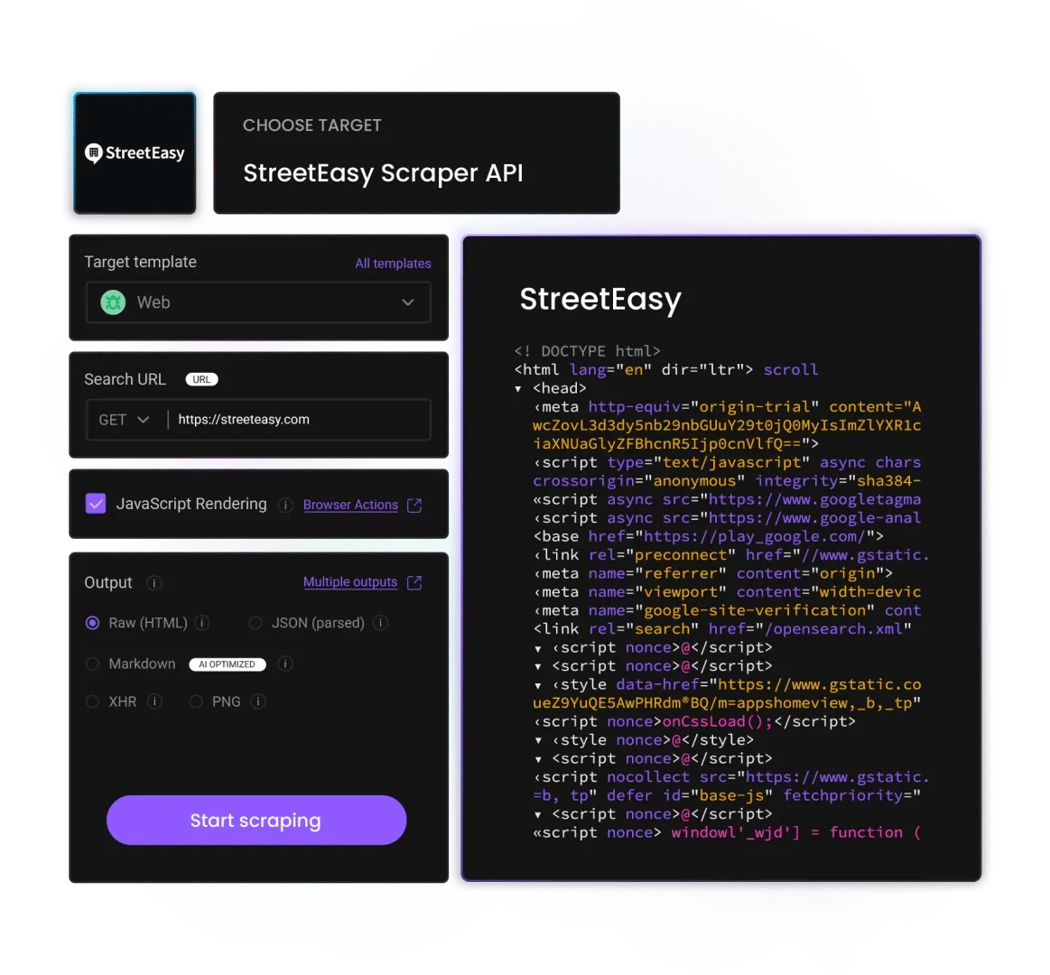 Wikipedia code panel displaying HTML source, within a web-scraping UI showing a URL field and 'Start scraping' button