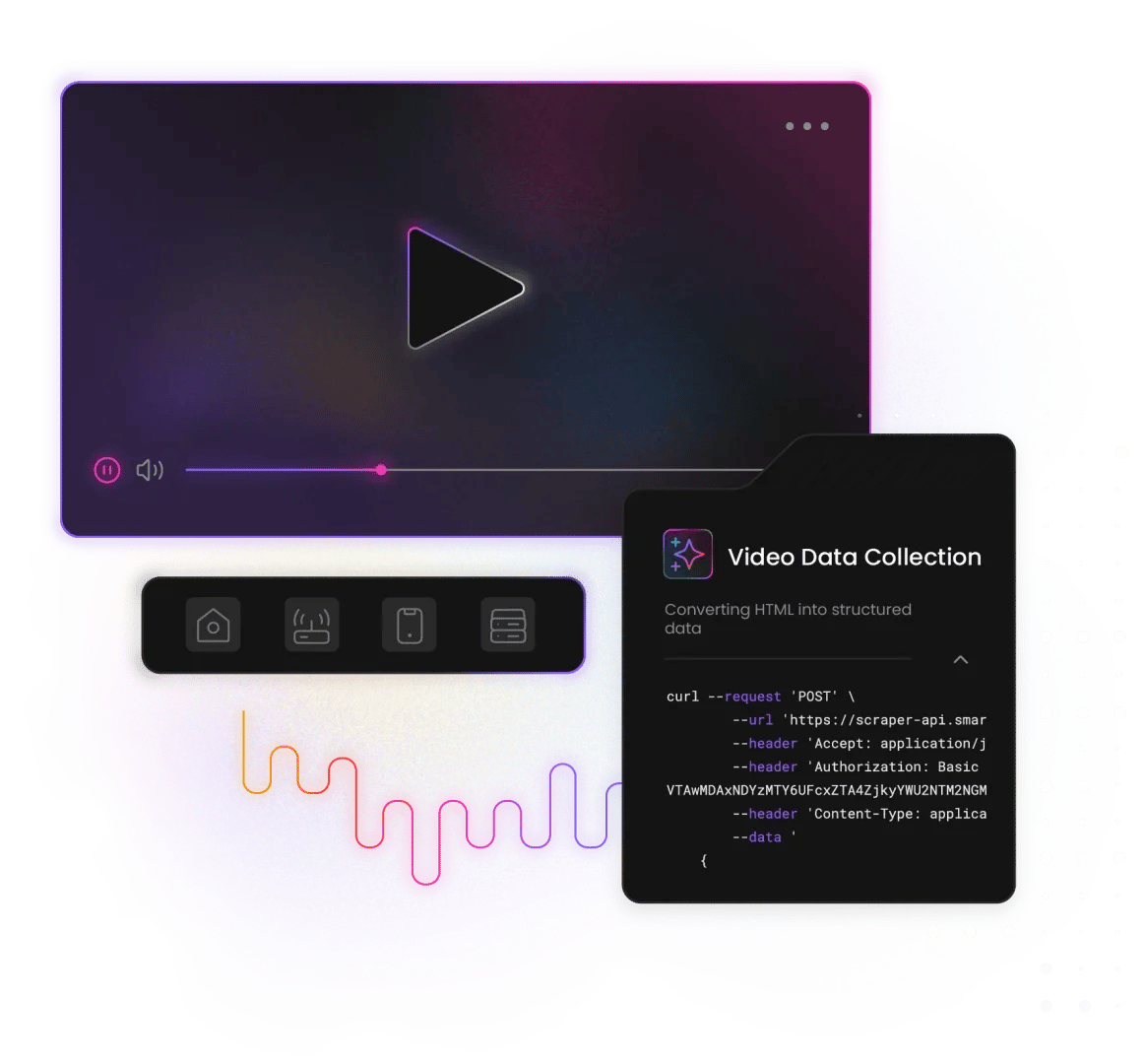 Video Data Collection card showing cURL snippet beside a dark video player with neon controls and colorful waveform