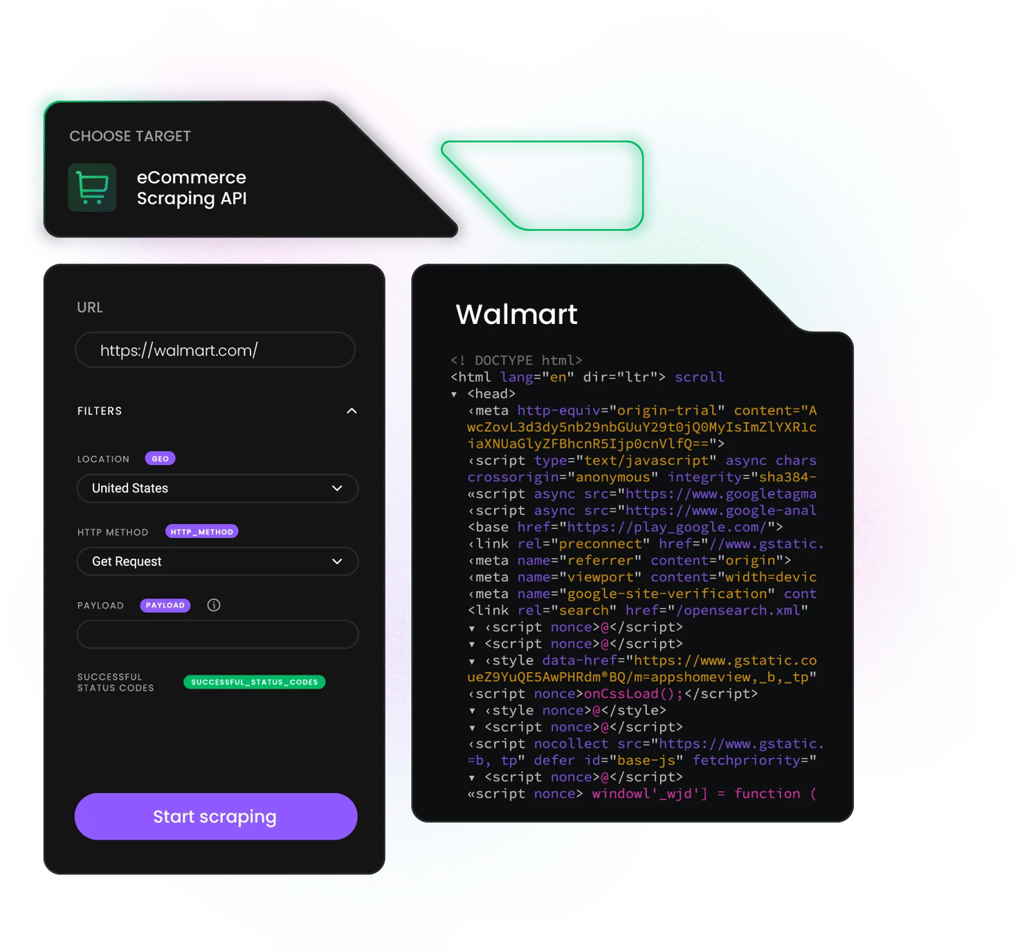 eCommerce Scraping API panel showing URL https://walmart.com/ and 'Walmart' HTML code preview in dark UI