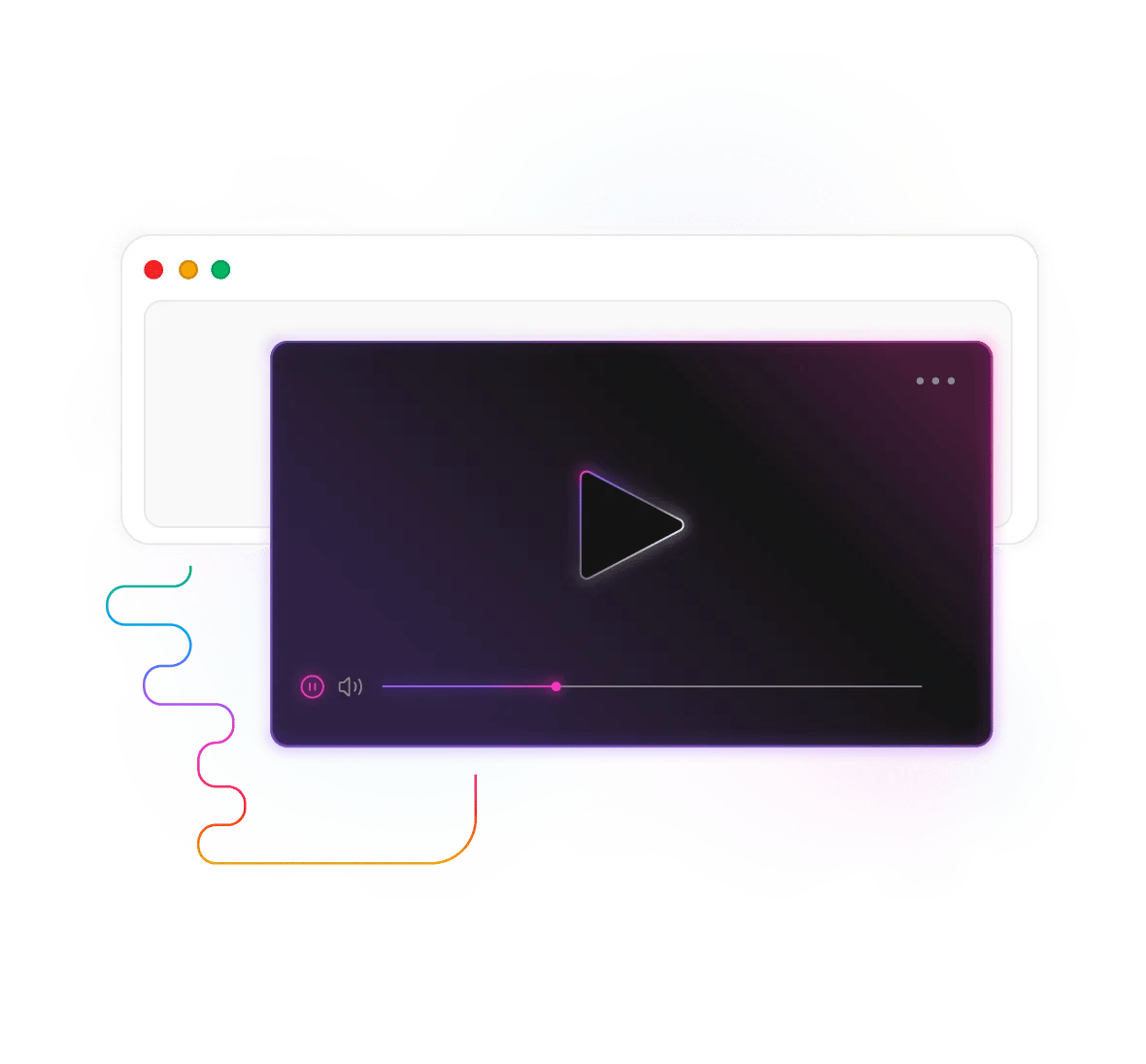 Dark video player showing play icon and progress bar inside a browser window outline with colorful squiggle accents