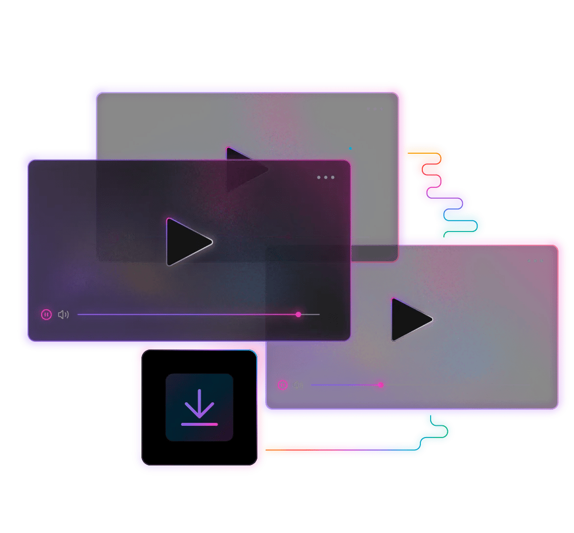 Three video players with play buttons, progress bars, and a download arrow icon with colorful accents