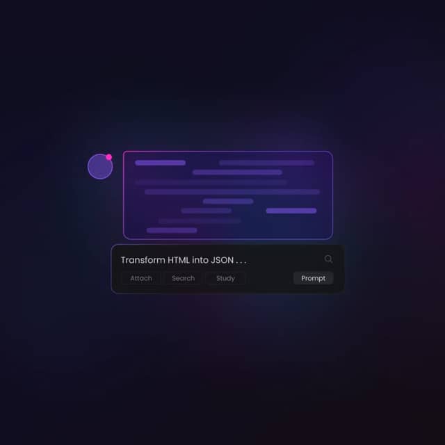 Dark interface showing a glowing text box labeled "RESPONSE EXAMPLE JSON" with action buttons.