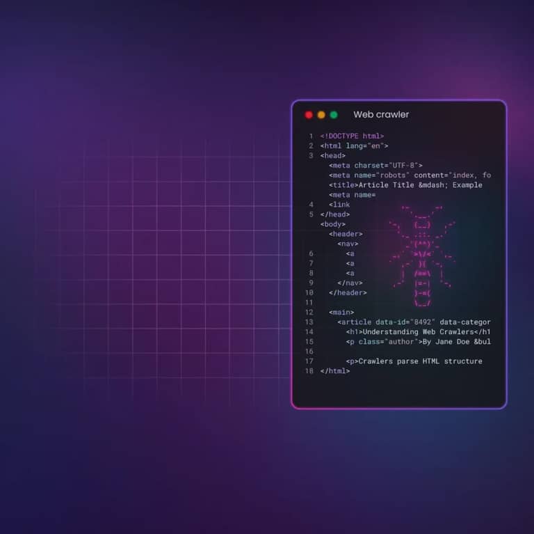 A dark code editor displays intricate data structures against a vibrant purple grid background.