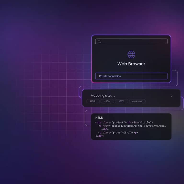 Glowing dark UI windows for web browser, shopping cart, and notes on a purple grid background.