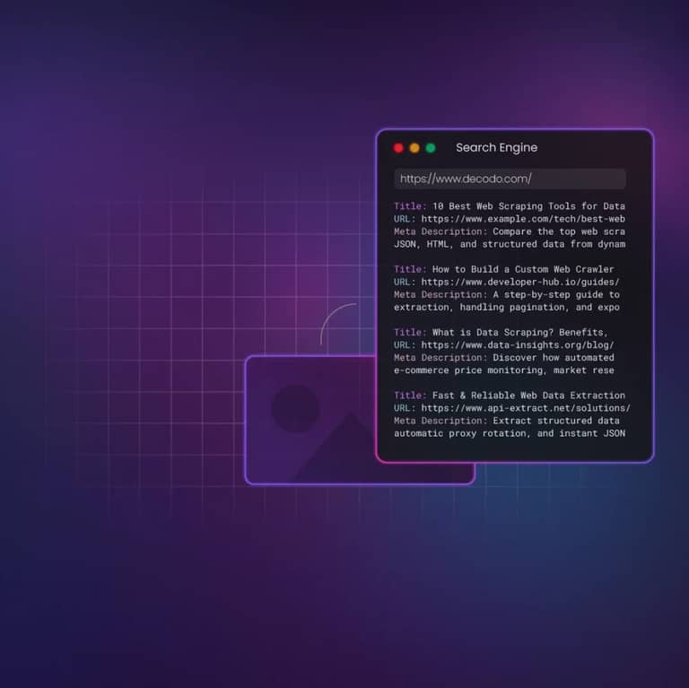 A dark search engine window displays text results on a glowing purple background.