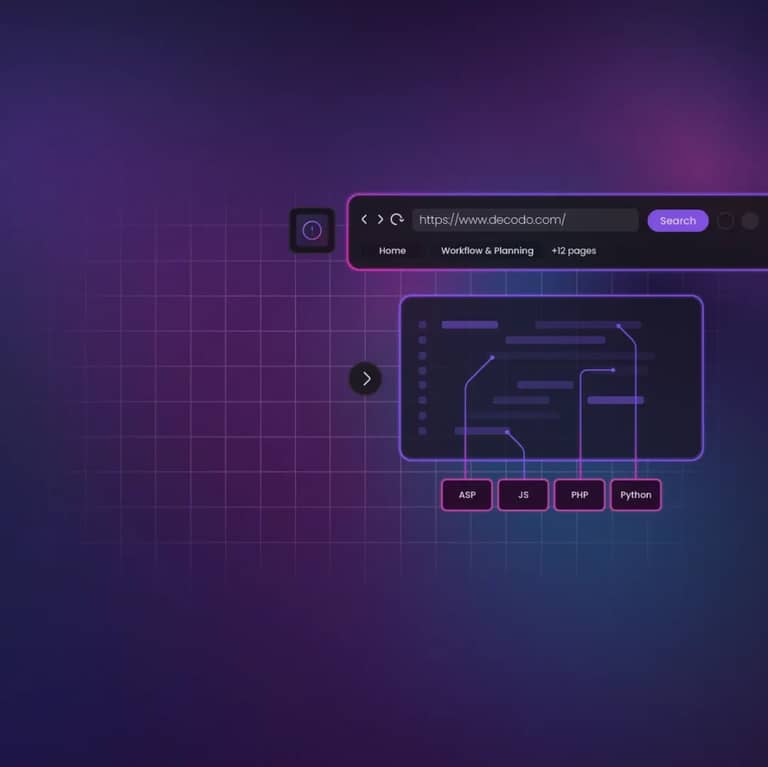 Digital interface displaying data visualizations and a URL on a dark purple grid background.